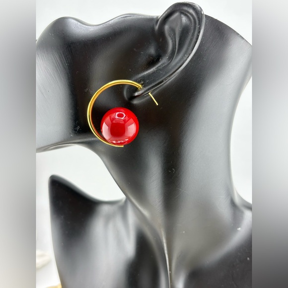 Gold Hoop Earrings with Burgundy Red Bead – Modern Statement - Picture 9 of 9